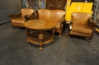 Sofa set in walnut & leather, Holland early 20th C.