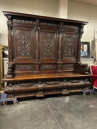 Stunning high quality walnut carved 19th century bench. 243w x 57d x 204h cm 