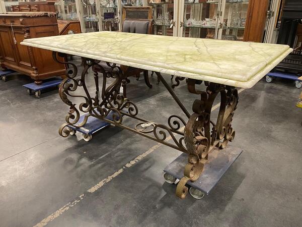 Wrought iron marble top garden table. 185x95x83H cm 